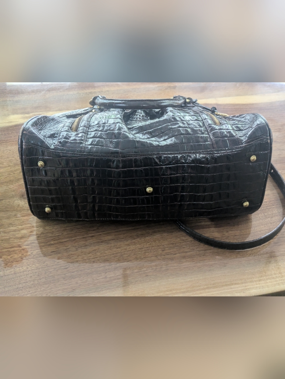 Sold!! Brahmin Black/Brown Croc-Embossed Satchel with Gold Hardware - Picture 4 of 9